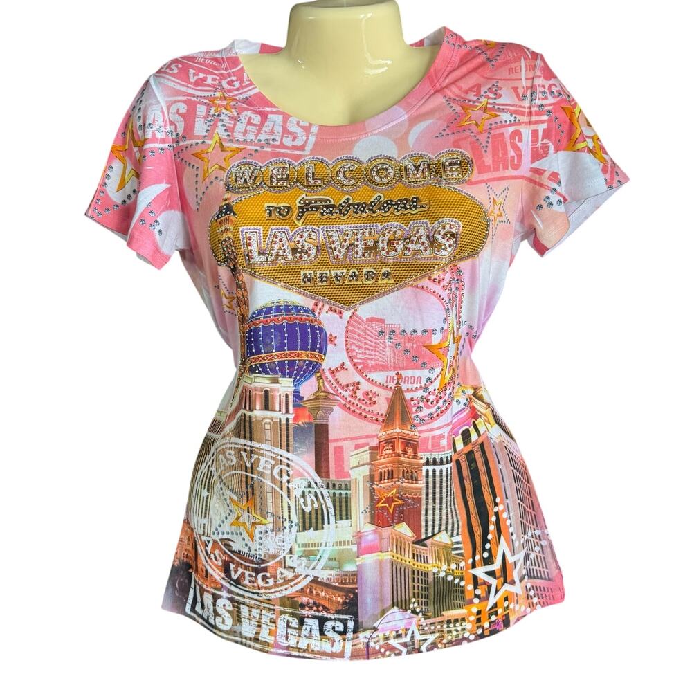 Banana Republic Expression Las Vegas Rhinestone Graphic T-Shirt Pink Large